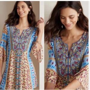 Soft Surroundings Fifi Tunic Top XL Embroidered Mixed Print Bell Sleeve Floral